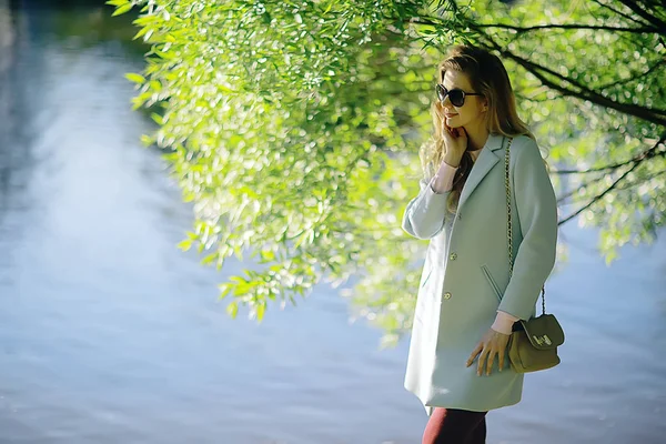 Beautiful Blonde Woman Wearing Stylish Blue Coat Walking Lake Park — Stock Photo, Image