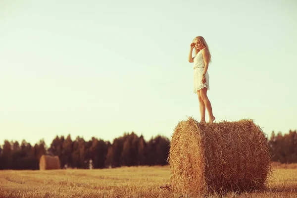 Jeune Belle Femme Aux Cheveux Longs Posant Champ Avoine Vacances — Photo