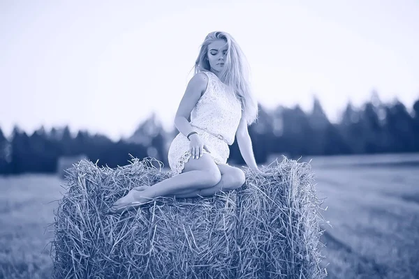 Joven Hermosa Mujer Con Pelo Largo Posando Campo Avena Vacaciones — Foto de Stock