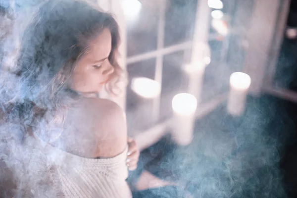 Young Blonde Woman White Knitted Sweater Posing Dark Room Smoke — Stock Photo, Image