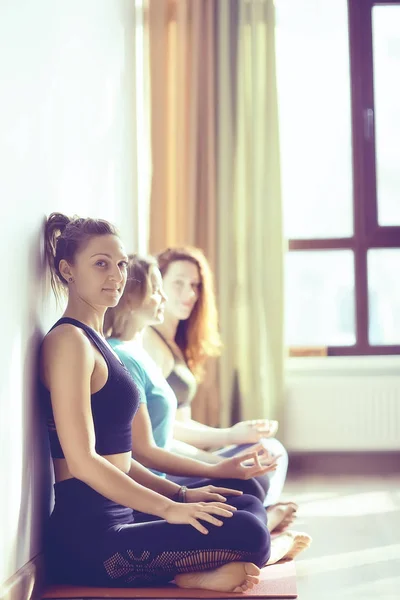 young and flexible women doing yoga in gym