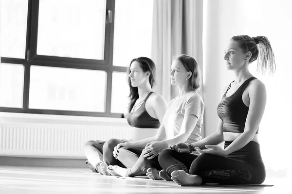 Mujeres Jóvenes Flexibles Haciendo Yoga Gimnasio —  Fotos de Stock