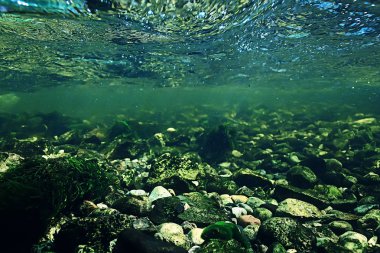 Sualtı dağ açık nehir, sualtı fotoğraf bir tatlı su Nehri, hızlı geçerli havada su, sualtı ekosistem manzara kabarcıklar.