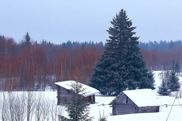 ロシアの田園地帯 木造建築 ロシアの村の冬の風景の木造住宅 — ストック写真