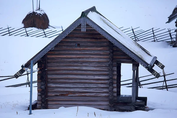 Holzhäuser Der Russischen Landschaft Holzarchitektur Winterlandschaft Russischen Dorf — Stockfoto