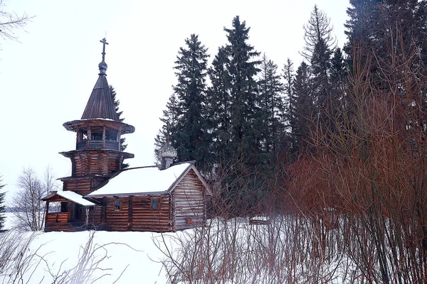 wooden church in Canada, snowy winter landscape, Christian historical church