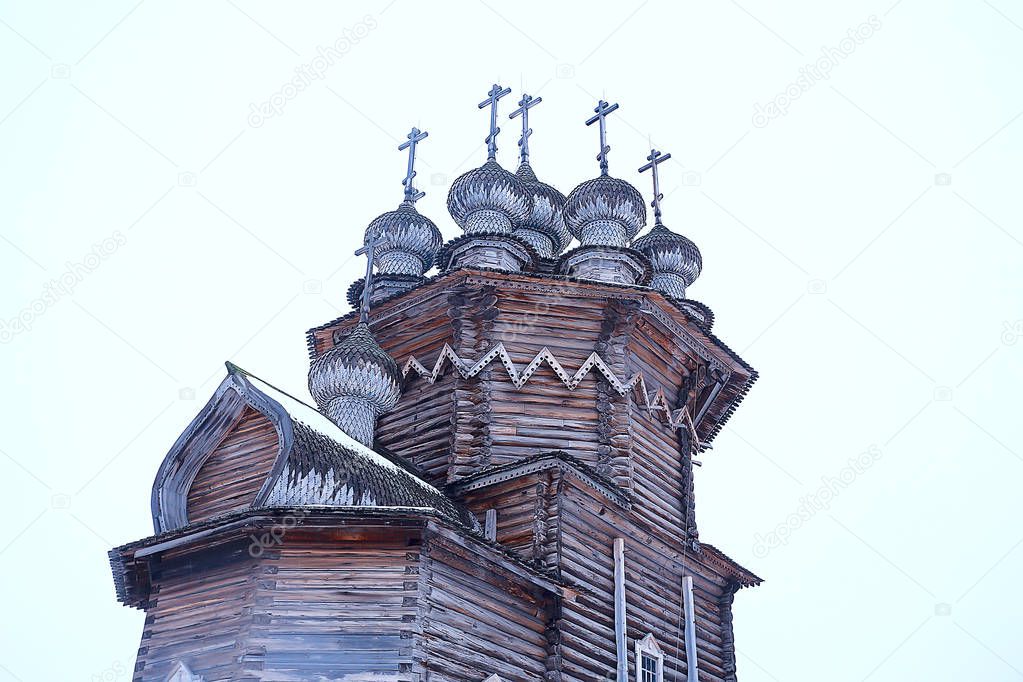 wooden houses of the Russian countryside, wooden architecture, winter landscape in Russian village