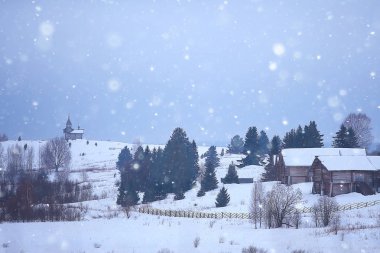 Rus kırsal, ahşap mimarisi, Rus köyünde kış manzara ahşap evler