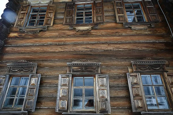 Houten Huizen Van Russische Platteland Houten Architectuur Winterlandschap Russische Dorp — Stockfoto