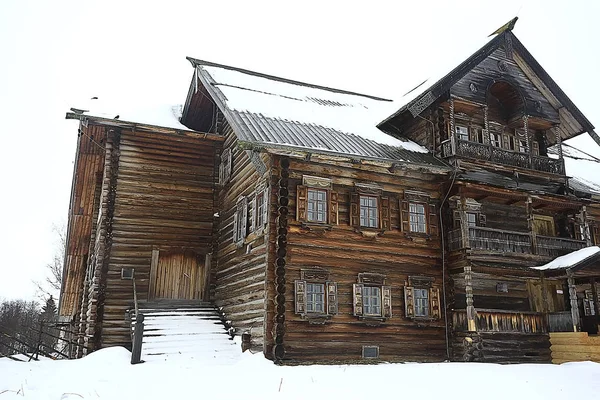 Maisons Bois Campagne Russe Architecture Bois Paysage Hivernal Dans Village — Photo