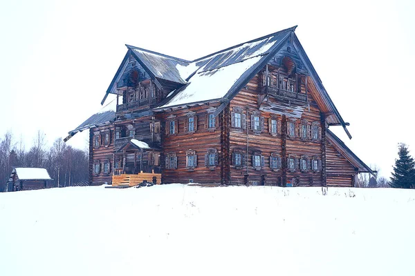 Holzhäuser Der Russischen Landschaft Holzarchitektur Winterlandschaft Russischen Dorf — Stockfoto