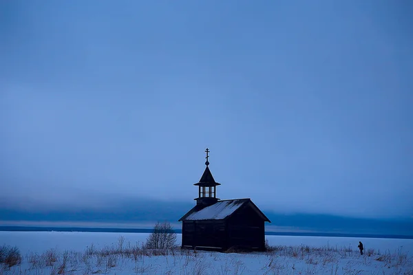 Ξύλινη Εκκλησία Στον Καναδά Χειμώνα Χιονισμένο Τοπίο Ιστορικό Της Χριστιανικής — Φωτογραφία Αρχείου