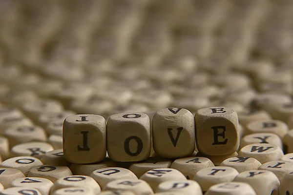 Cubos Madeira Com Letras Inscrição Amor Mensagem Letras Pequenas Conceito — Fotografia de Stock