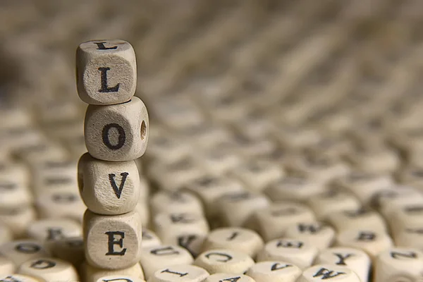 Cubos Madera Con Letras Inscripción Love Mensaje Letras Pequeñas Concepto — Foto de Stock