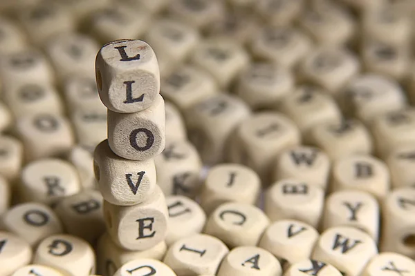 Cubos Madera Con Letras Inscripción Love Mensaje Letras Pequeñas Concepto —  Fotos de Stock