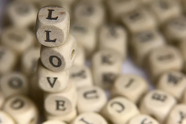 Cubos Madera Con Letras Inscripción Love Mensaje Letras Pequeñas Concepto —  Fotos de Stock