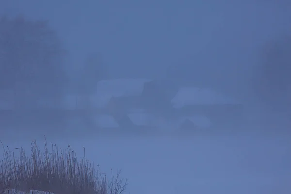 Dimmigt Vinterlandskap Med Snöfall Och Skog Säsongsbetonade Kyla — Stockfoto