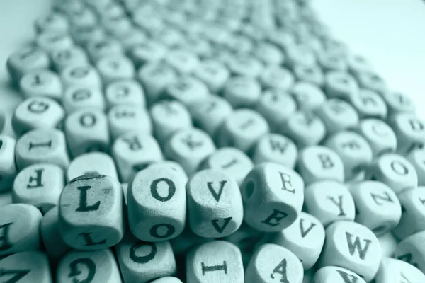 Cubos Madera Con Letras Inscripción Love Mensaje Letras Pequeñas Concepto — Foto de Stock