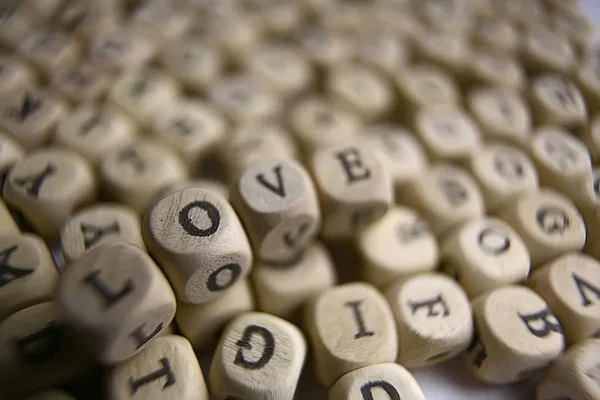 Cubos Madera Con Letras Inscripción Love Mensaje Letras Pequeñas Concepto — Foto de Stock