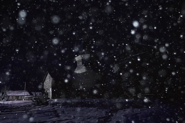 Inverno Igreja Paisagem Visão Noturna — Fotografia de Stock