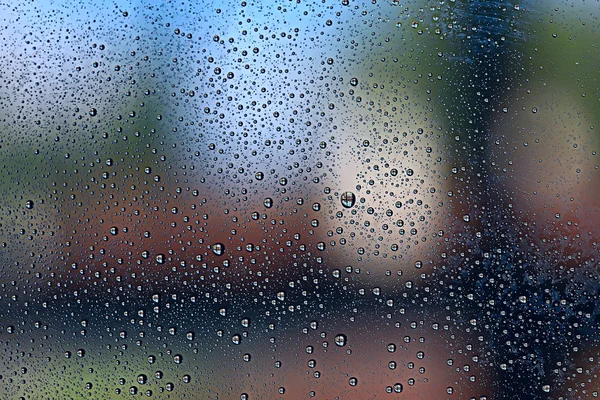 Fundo Molhado Azul Gotas Chuva Vidro Janela Conceito Clima Outono — Fotografia de Stock