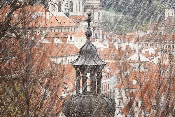 Φθινοπωρινό Τοπίο Στην Τσεχική Δημοκρατία Βροχή Στην Πράγα Κόκκινες Στέγες — Φωτογραφία Αρχείου