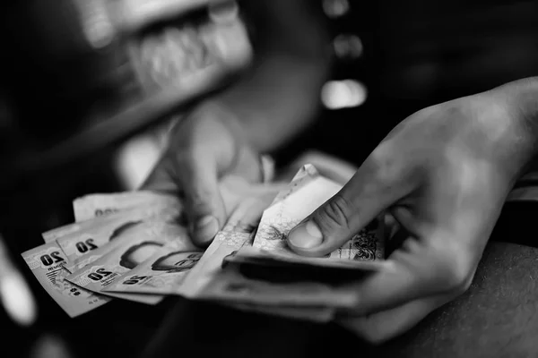 Male Hands Holding Thai Money Banknotes Thailand Tourism — Stock Photo, Image