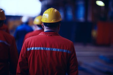 Grup işçi fabrikada kask içinde arkadan görüntülemek