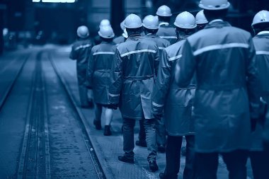 Grup işçi fabrikada kask içinde arkadan görüntülemek