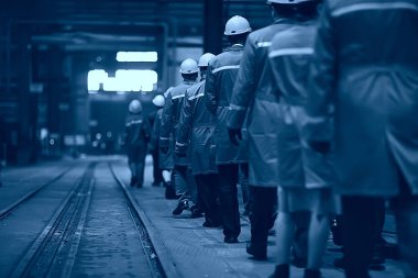 Grup işçi fabrikada kask içinde arkadan görüntülemek
