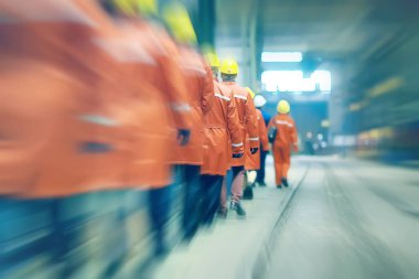 Grup işçi fabrikada kask içinde arkadan görüntülemek