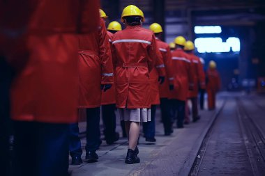 Grup işçi fabrikada kask içinde arkadan görüntülemek