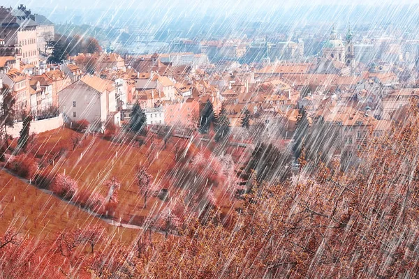 Outono Paisagem República Checa Chuva Praga Telhados Vermelhos Vista Panorâmica — Fotografia de Stock