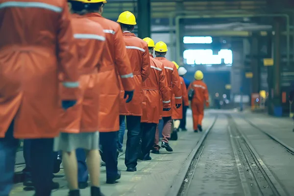 Gruppo Lavoratori Casco Fabbrica Vista Dal Retro — Foto Stock