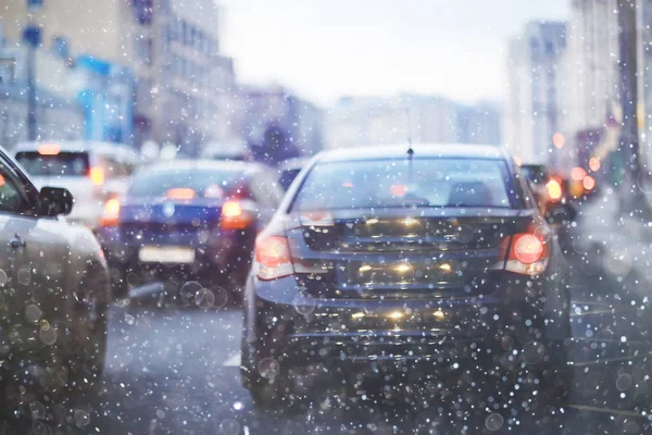 Blurred View Foggy Evening Landscape Snowfall Autumn — Stock Photo, Image