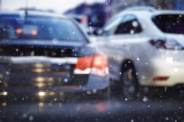 Visión Borrosa Del Tráfico Carretera Invierno Concepto Auto Estacional — Foto de Stock