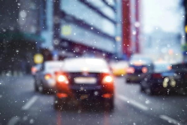 Verschwommene Sicht Auf Den Verkehr Auf Winterlichen Autobahnen Saisonales Autokonzept — Stockfoto