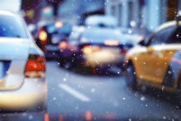 Verschwommene Sicht Auf Den Verkehr Auf Winterlichen Autobahnen Saisonales Autokonzept — Stockfoto