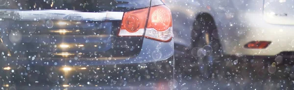 Verschwommene Sicht Auf Den Verkehr Auf Winterlichen Autobahnen Saisonales Autokonzept — Stockfoto