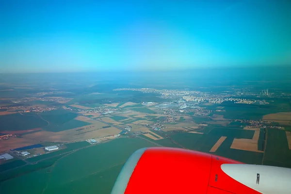 Letecký Pohled Půdy Křídlo Letadla Výhled Kabiny Letadla Koncepce Letecké — Stock fotografie