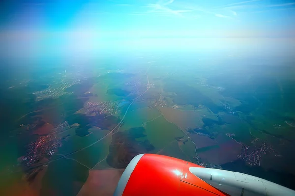 Vista Aérea Terra Asa Avião Vista Cabine Avião Conceito Transporte — Fotografia de Stock