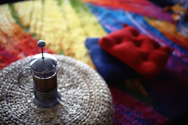 Indian Tea Glass Teapot Background Bright Carpet National Indian Drink — Stock Photo, Image