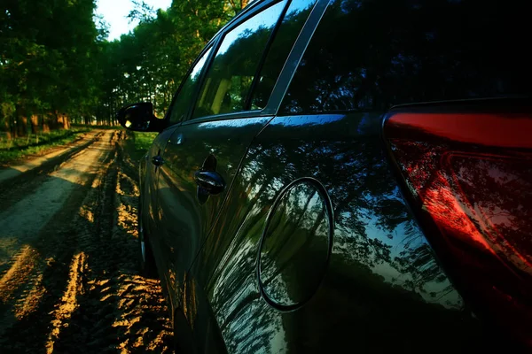 Moderní Černé Auto Zezadu Letní Pohled — Stock fotografie