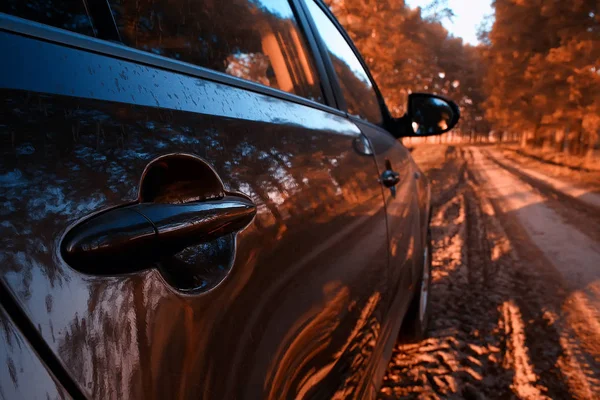 modern black car from behind, summer view