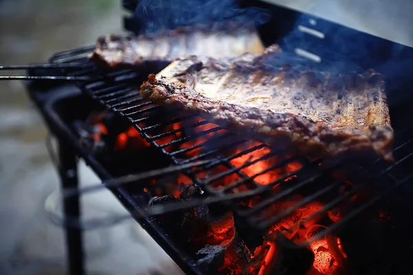 Pork Ribs Grill Cooking Coals Fresh Meat Pork Cooked Charcoal — Stock Photo, Image