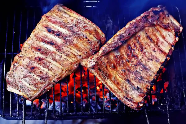 Costelas Porco Grelha Carvão Cozinha Carne Fresca Porco Cozido Carvão — Fotografia de Stock