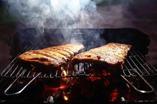 烤猪肉排骨在烧烤炉上烹调煤 新鲜肉猪肉烧木炭 夏天家常菜 烤排骨 — 图库照片
