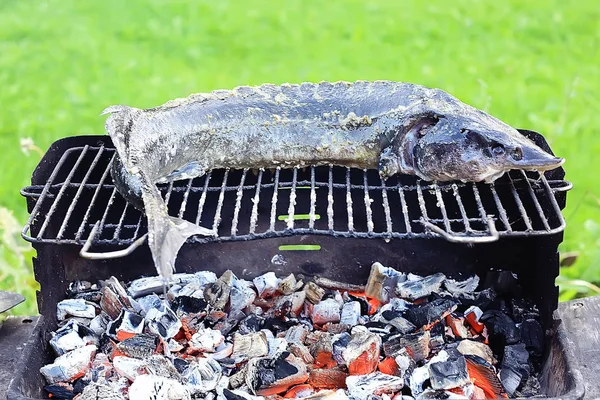 Sturgeon Fish Cooked Grill Smoke Sterlet Smoked — Stock Photo, Image