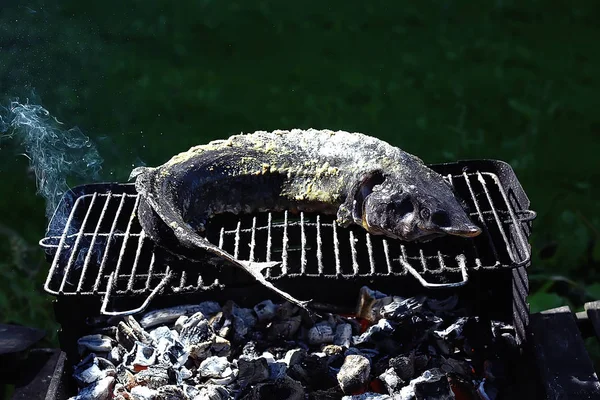 Sturgeon Fish Cooked Grill Smoke Sterlet Smoked — Stock Photo, Image