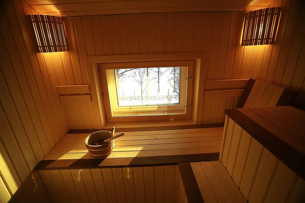 Sauna Hölzerne Innenbäder Holzbänke Und Liegestühle Zubehör Für Sauna Wellness — Stockfoto